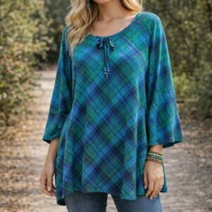 Catherines Plaid Tunic Top Women's Plus Size 2X Blue Green 3/4 Sleeve Casual NWT